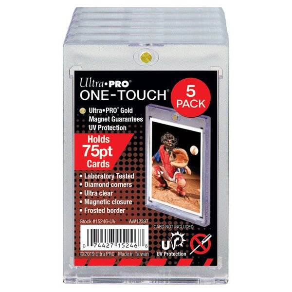 A sealed Ultra Pro One-Touch 5-pack of 75pt magnetic card holders featuring a baseball player. Publisher: Ultra Pro.