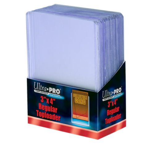 A box of Ultra Pro 3"x4" Regular Toploaders.