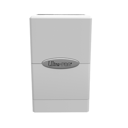 A white Classic SATIN Tower DECK BOX. Brand: Ultra PRO, Item: Classic SATIN Tower DECK BOX
