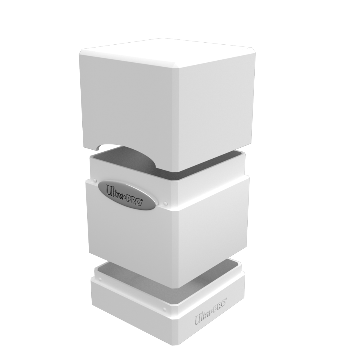 A white Classic SATIN Tower DECK BOX. Brand: Ultra PRO, Item: Classic SATIN® Tower DECK BOX®