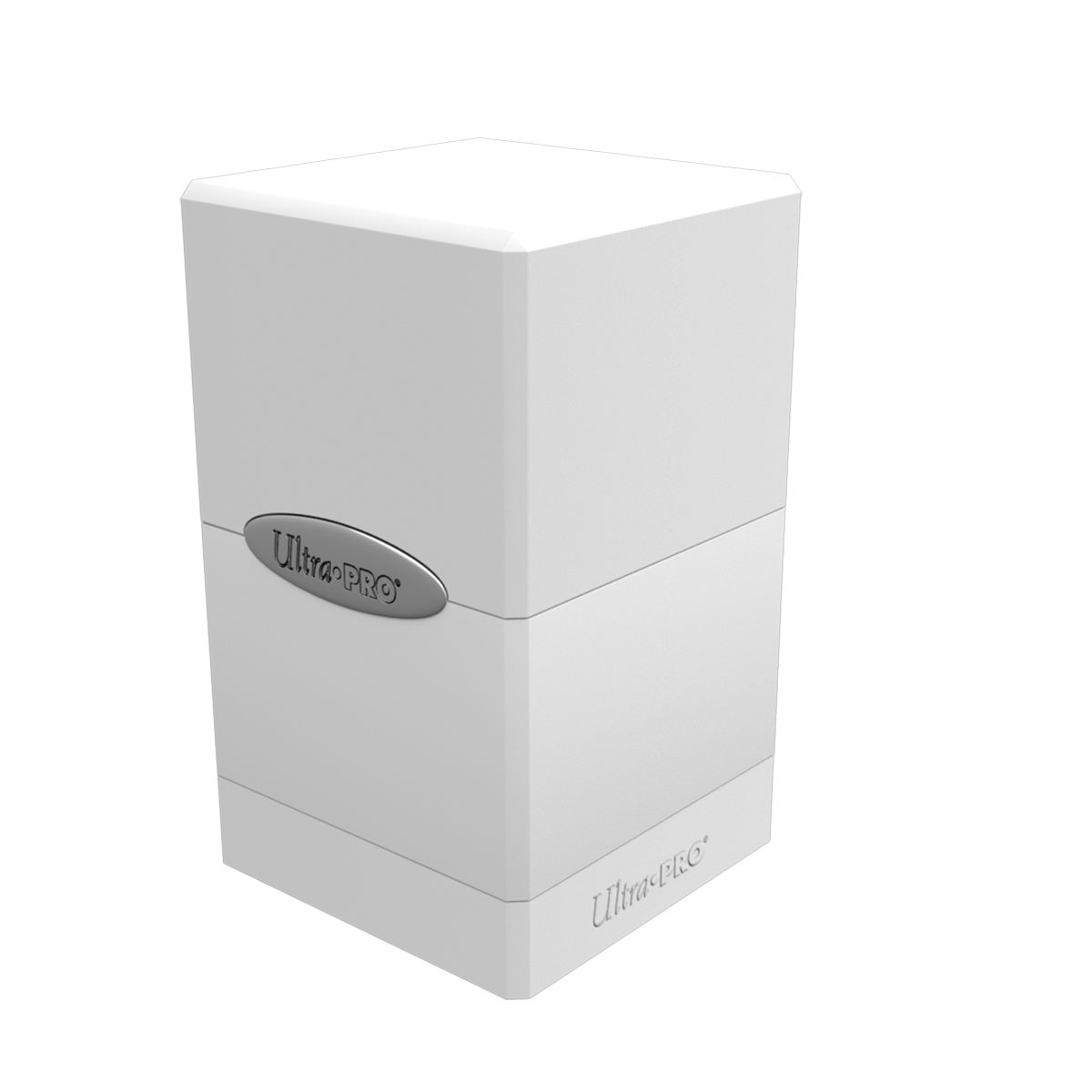 A white Classic SATIN Tower DECK BOX. Brand: Ultra PRO, Item: Classic SATIN® Tower DECK BOX®
