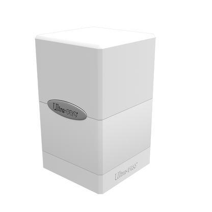 A white Classic SATIN Tower DECK BOX. Brand: Ultra PRO, Item: Classic SATIN® Tower DECK BOX®