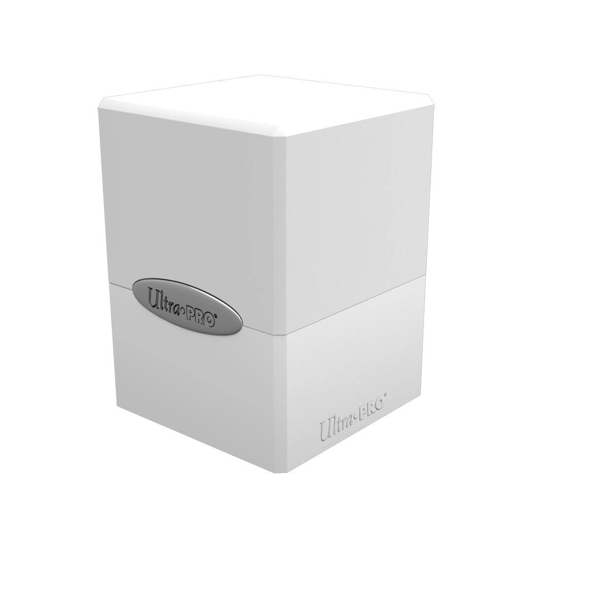 A white Classic SATIN Cube deck box. Brand: Ultra PRO, Item: Classic SATIN Cube.