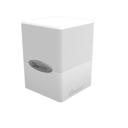 A white Classic SATIN Cube deck box. Brand: Ultra PRO, Item: Classic SATIN Cube.