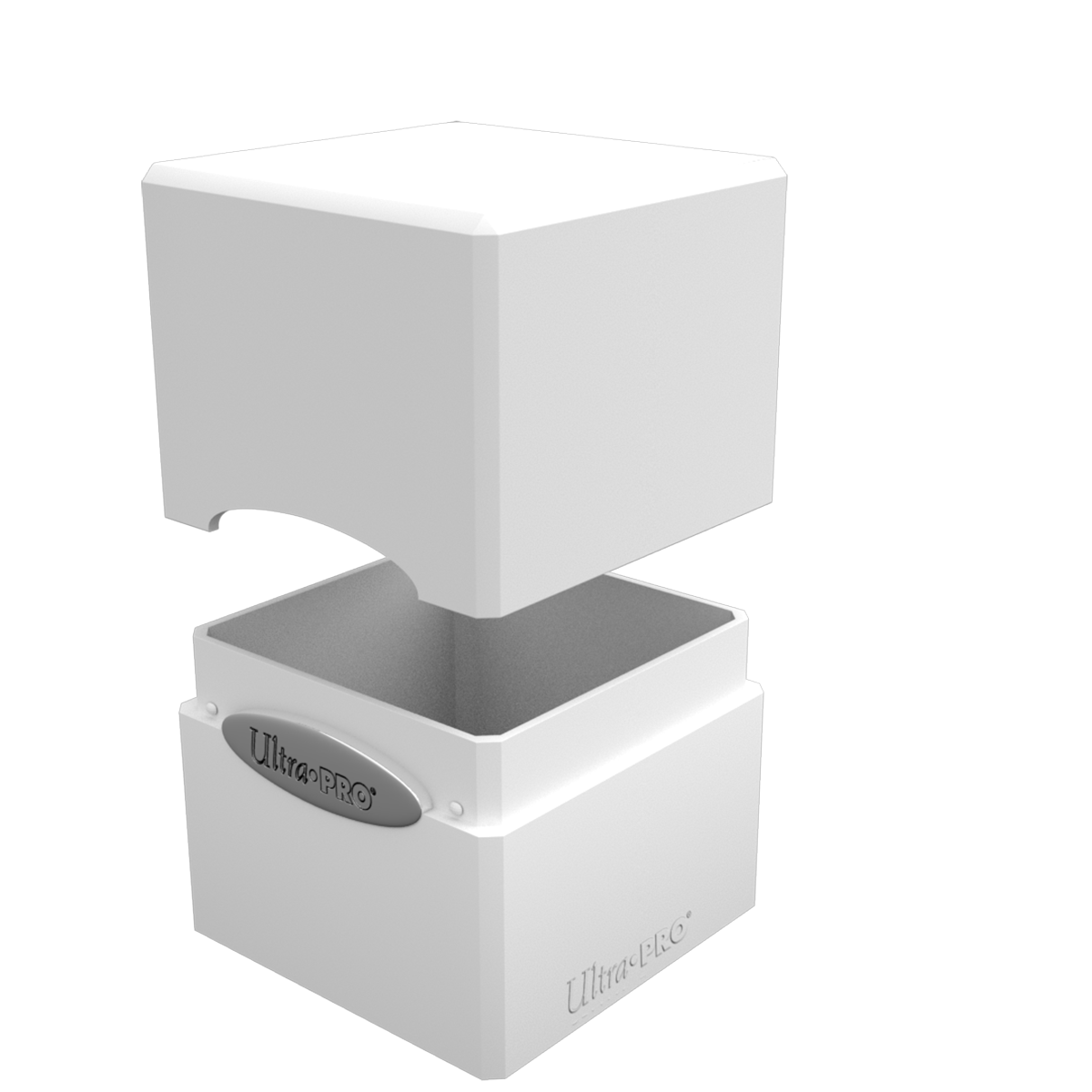 A white Classic SATIN Cube deck box. Brand: Ultra PRO, Item: Classic SATIN Cube