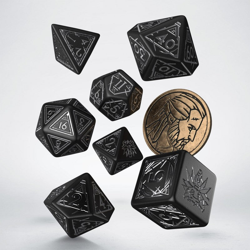 Q-Workshop The Witcher Dice Set: Geralt – The Silver Sword – black with silver RPG dice – Flip Tap Win TCG, Saline MI
