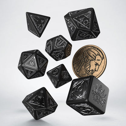 Q-Workshop The Witcher Dice Set: Geralt – The Silver Sword – black with silver RPG dice – Flip Tap Win TCG, Saline MI