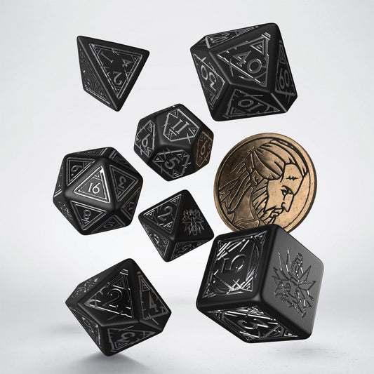 Q-Workshop The Witcher Dice Set: Geralt – The Silver Sword – black with silver RPG dice – Flip Tap Win TCG, Saline MI