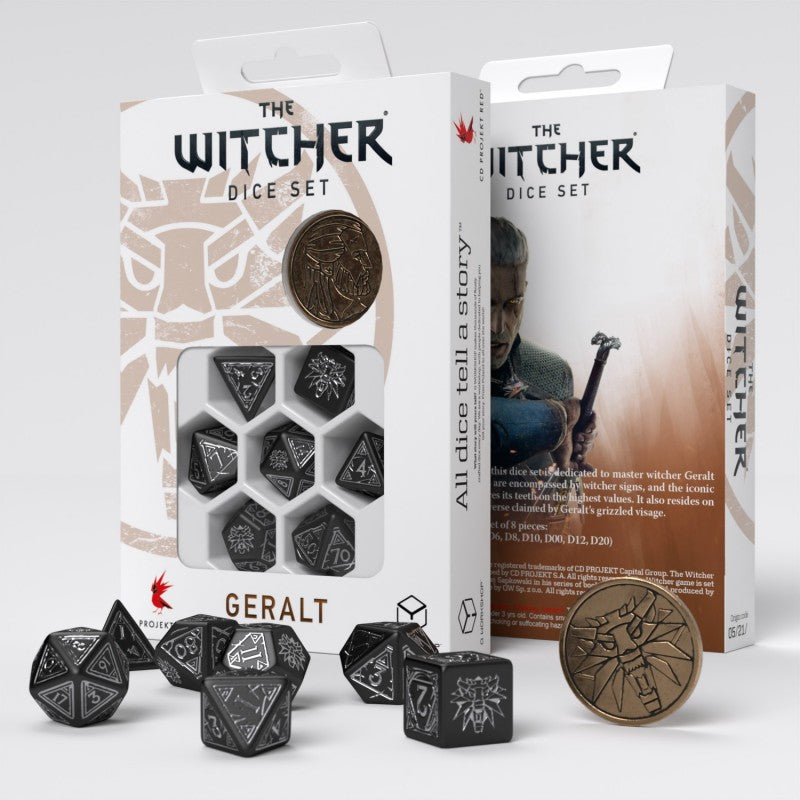 Q-Workshop The Witcher Dice Set: Geralt – The Silver Sword – black with silver RPG dice – Flip Tap Win TCG, Saline MI