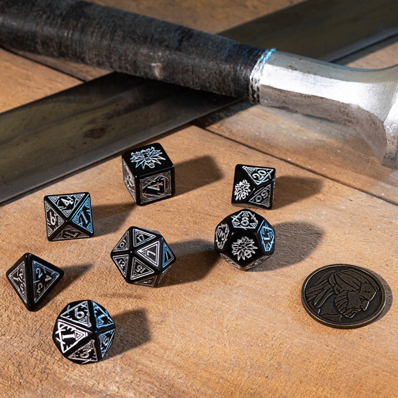 Q-Workshop The Witcher Dice Set: Geralt – The Silver Sword – black with silver RPG dice – Flip Tap Win TCG, Saline MI