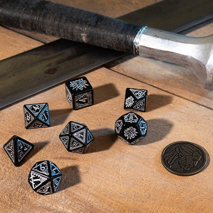 Q-Workshop The Witcher Dice Set: Geralt – The Silver Sword – black with silver RPG dice – Flip Tap Win TCG, Saline MI