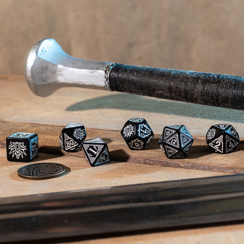 Q-Workshop The Witcher Dice Set: Geralt – The Silver Sword – black with silver RPG dice – Flip Tap Win TCG, Saline MI