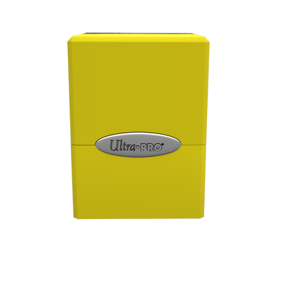 A yellow Classic SATIN Cube deck box. Brand: Ultra PRO.