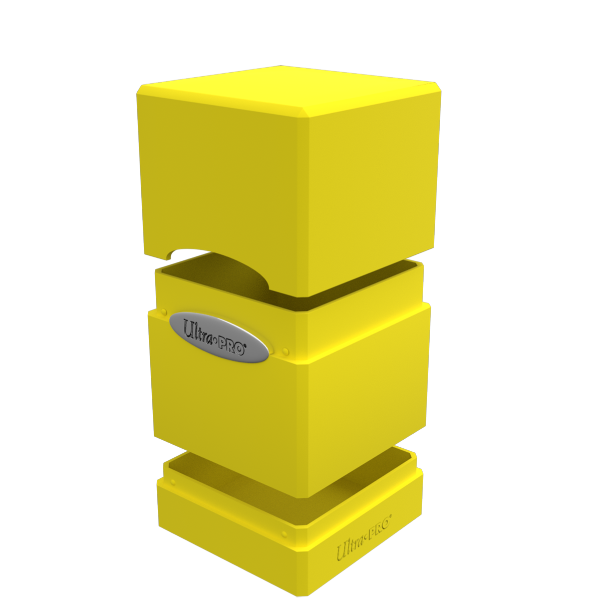 A yellow Classic SATIN Tower DECK BOX. Brand: Ultra PRO, Item: Classic SATIN Tower DECK BOX.