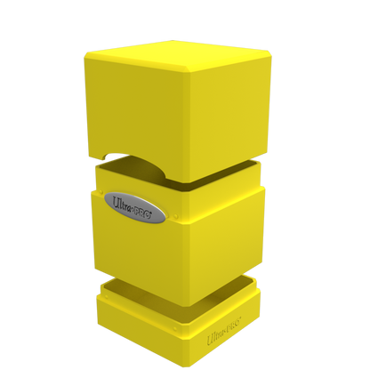 A yellow Classic SATIN Tower DECK BOX. Brand: Ultra PRO, Item: Classic SATIN Tower DECK BOX.