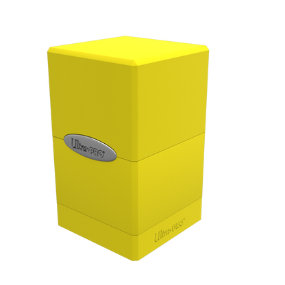 A yellow Classic SATIN Tower DECK BOX. Brand: Ultra PRO, Item: Classic SATIN® Tower DECK BOX®